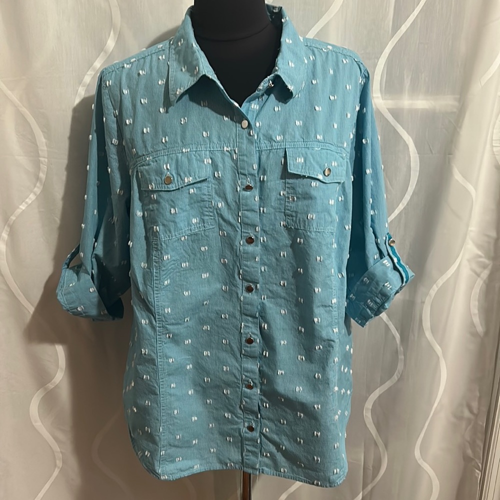 CJ Banks, Blue & White, Button Down Top With Roll Tab Sleeves, Size 1X